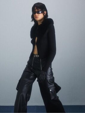 ETERNITY ITA Faux Fur Collar Cardigan in Black
